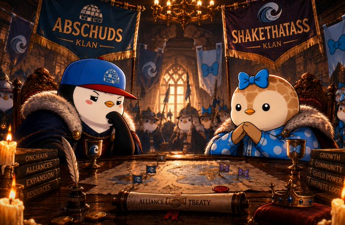 A fantasy scene depicting penguin-like bird characters seated at a table with a map and a scroll labeled 'ALLIANCE TREATY', with banners reading 'ABSCHUDS KLAN' and 'SHAKETHATASS KLAN' and books titled 'ONCHAIN ALLIANCES, EXPANSION, RESOURCES' and 'GROWTH, COMMUNITY, GUILD POWER, INFINITE LOOT'.