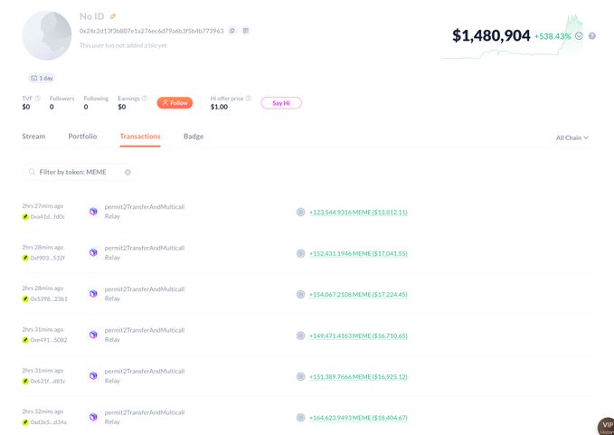 A screenshot from Debank showing a 1-day-old wallet (0x24c2...) with a portfolio value of $1,480,904 (+538.43%) and an unrealized PnL of $1.00, displaying recent transactions consisting entirely of large "permit2TransferAndMulticall" relay purchases of MEME tokens ranging from ~$10,000 to over $18,000 worth each over the past 2 hours.