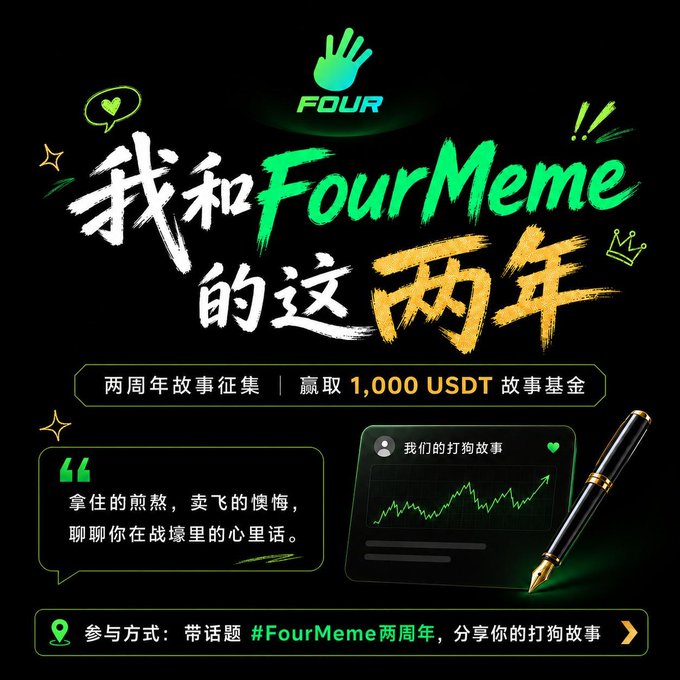 A promotional graphic for FourMeme's 2nd anniversary story contest with Chinese text '我和FourMeme的这两年', offering a 1,000 USDT story fund prize, asking participants to share their trading stories using #FourMeme两周年.
