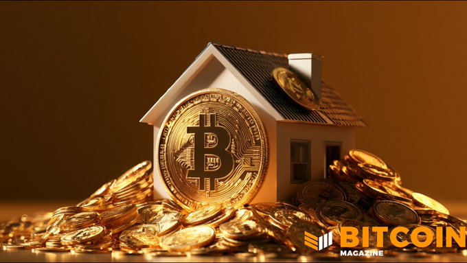 A miniature house features a large gold Bitcoin coin embedded in its side, surrounded by a pile of smaller gold coins, with "Bitcoin Magazine" branding visible in the corner, visually representing the use of Bitcoin as collateral for home mortgages.