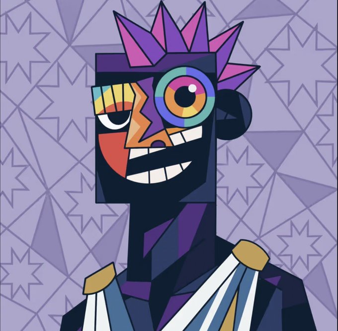 A colorful cubist-style illustration of a figure with spiky purple hair, one rainbow eye and one patterned eye, grinning against a purple geometric background.