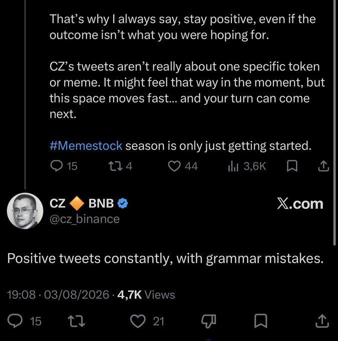 Screenshot of a tweet from CZ @cz_binance discussing #Memestock season, with a critical reply stating 'Positive tweets constantly, with grammar mistakes.'