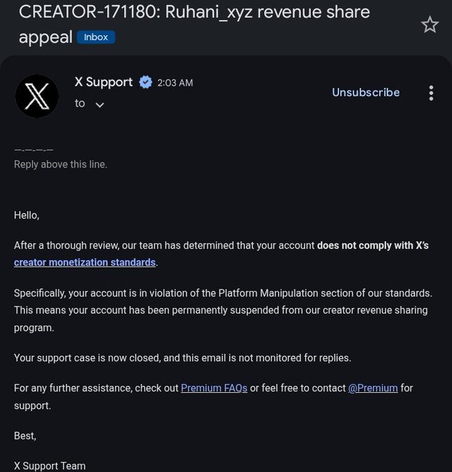 Email from X Support rejecting a revenue share appeal for user 'Ruhani_xyz' (CREATOR-171180), citing violation of Platform Manipulation standards and permanent suspension from the creator revenue sharing program.