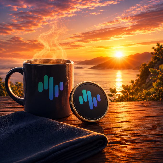 The image features a cup of coffee sitting next to a coin-shaped coaster with a wave design on it, both placed on a wooden table. The sun is setting over the ocean, creating a beautiful backdrop for this scene. The photo also includes text that reads "ZM The market is deep red again, and $ZIG has also seen a healthy retrace. For me, these are the moments to stay calm, zoom out, and look at what is actually being built. The reach of @ZIGChain keeps expanding: native chain".