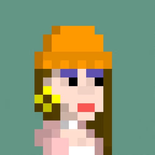 A pixel art portrait of a character with orange hair, a green hair clip, and a pink dress against a teal background.