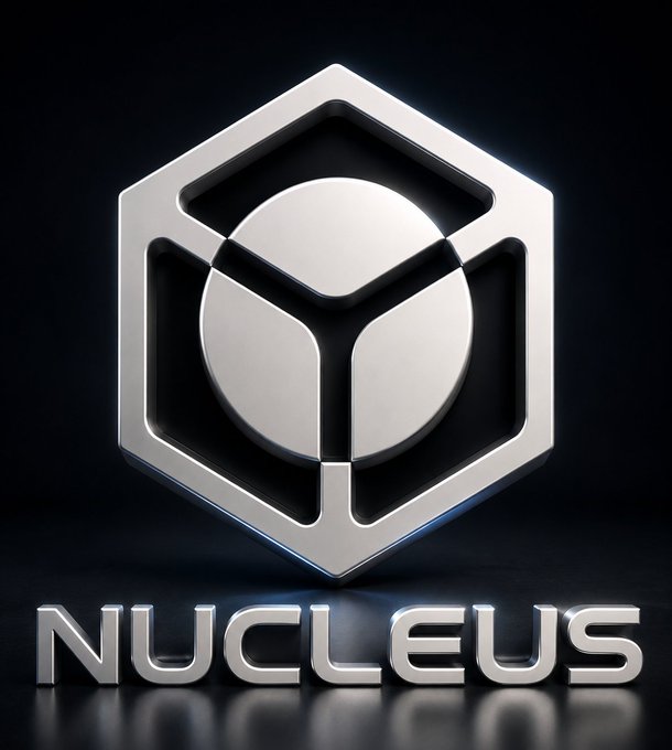 A 3D metallic hexagonal logo with a spherical inner element above the word 'NUCLEUS' on a dark background.