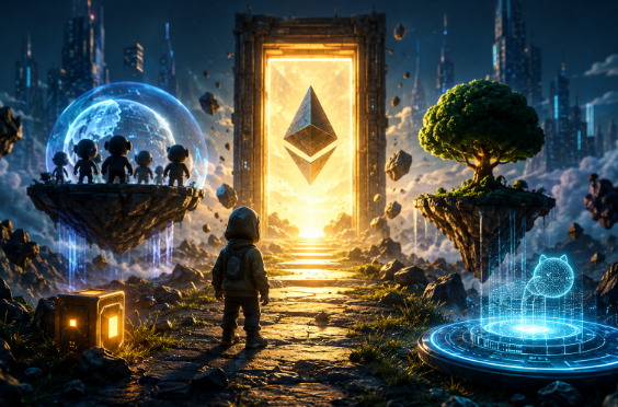 The image depicts an astronaut standing before a glowing Ethereum portal leading to floating islands, one displaying NFT collectibles and another a lush tree—visually symbolizing the bridge between blockchain technology and tangible value, reinforcing the post's message that Wingston's July 7 launch prioritizes a real product over empty promises.