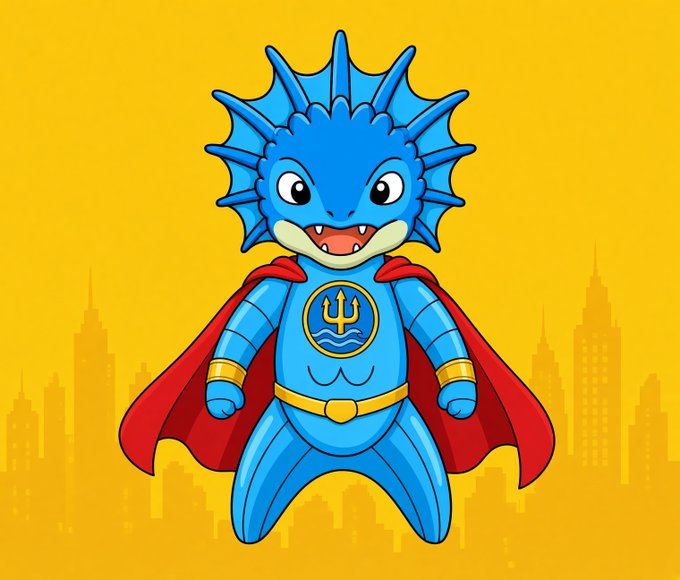 A cartoon illustration of a cute blue axolotl character dressed as a superhero with a red cape, gold belt, and trident logo, standing against a yellow city skyline background.