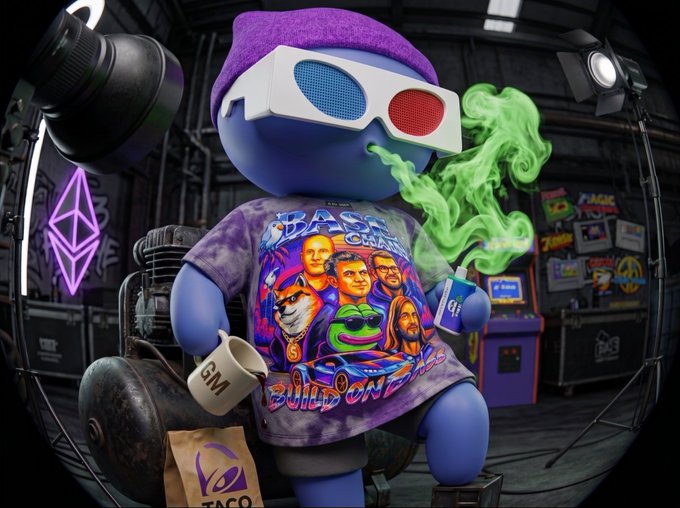 A 3D-rendered blue cartoon character wearing 3D glasses, a purple beanie, and a 'BASS BUILT ON' graphic t-shirt, holding a cup labeled 'GM' with green smoke in the background.
