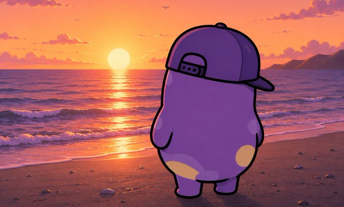 A cartoon illustration of a small purple blob-like character wearing a backwards purple cap, standing on a beach facing a sunset over the ocean.