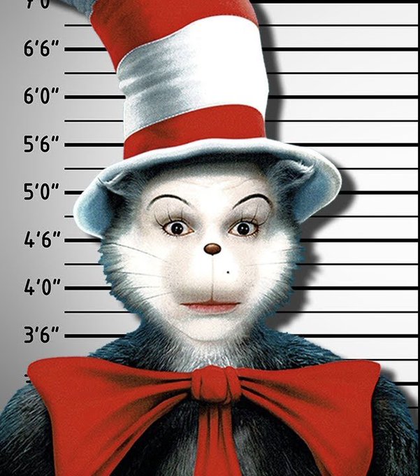 The Cat in the Hat character from Dr. Seuss posing in a police lineup mugshot style against a height chart.