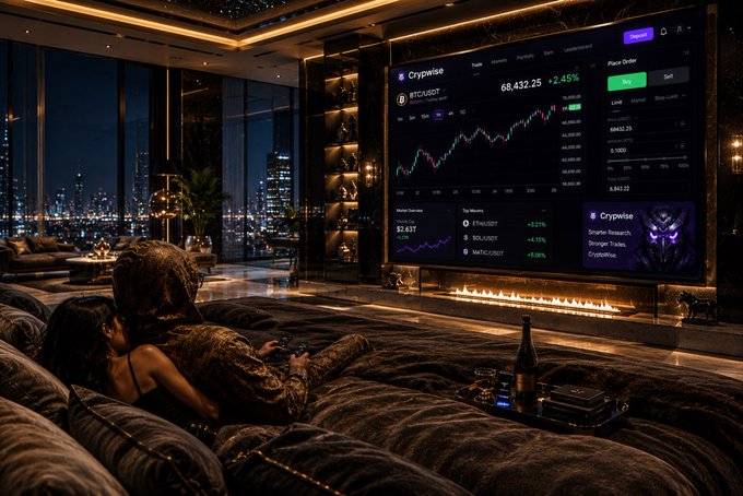 A couple relaxes together on a luxurious bed at night, watching a large wall-mounted display showing the Crypwise trading platform with Bitcoin ($BTC/USDT) at 68,432.25 (+2.45%) and Ethereum at $2,631 (+3.21%) before turning in for the evening.