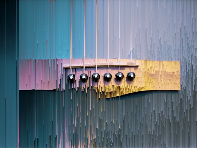 An abstract artwork featuring vertical stripes in blue, pink, purple, and yellow tones, with six dark spheres hanging from thin rods across a central wooden bar.