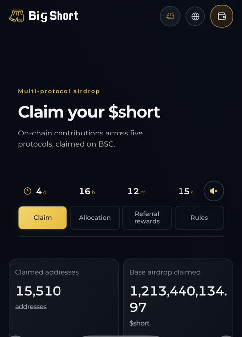 A screenshot of a cryptocurrency airdrop page titled 'Big Short' with text 'Claim your $short', a countdown timer showing 4 days 16 hours 12 minutes 15 seconds, and stats showing 15,510 claimed addresses and 1,213,440,134.97 $short tokens claimed.