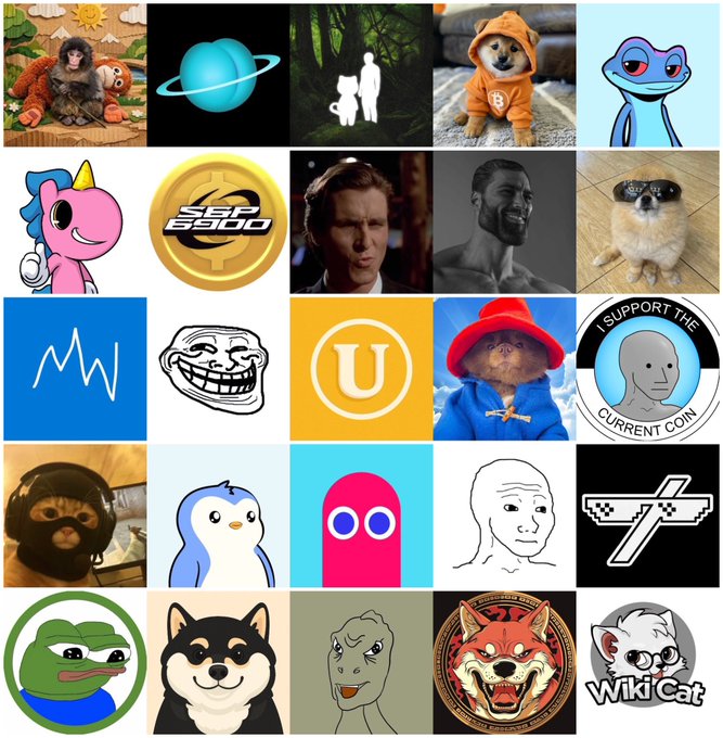 A 5x5 grid collage of internet memes and characters including plush animals, a cat in an orange hoodie, a Shiba Inu, Peppa Pig, an Unreal Engine logo, a Mark Wahlberg face, a smiling troll face, a Pogchamp emote, a 'Money Printer Go Brrr' sloth in red hat, a Sloth wearing headphones, a 'Wojak' face, a sad Wojak, a Shiba Inu dog, a Pepe the Frog, a WikiCat logo, and various other meme icons.