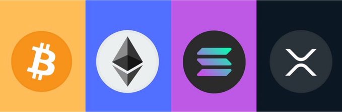 A horizontal banner displaying the logos of Bitcoin (BTC), Ethereum (ETH), Solana (SOL), and XRP against colored backgrounds, corresponding to the cryptocurrency ETF flow figures for August 6 showing BTC and ETH leading inflows while SOL recorded an outflow.