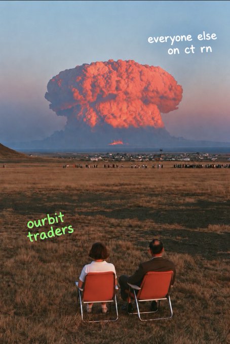 The image is a meme showing a couple sitting in lawn chairs calmly watching a massive explosion in the distance, labeled "ourbit traders" sitting unbothered in the foreground while "everyone else on ct rn" reacts to the mushroom cloud (representing the chaos of a massive rally). It humorously contrasts the calm, "smart money" behavior of Ourbit traders with the panicked reaction of others, likely tied to a promotion for trading a specific token.
