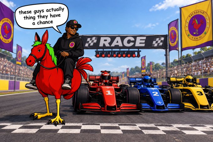 A cartoon-style image features a person riding a red rooster alongside three race cars at a starting line, with a speech bubble reading 'these guys actually thing they have a chance' and a '#RACE' banner overhead.