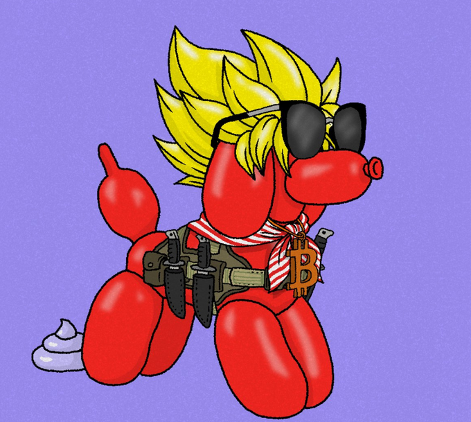 A cartoon drawing of a balloon dog styled like Super Saiyan Goku, wearing sunglasses, a Bitcoin scarf, and tactical gear with knives.