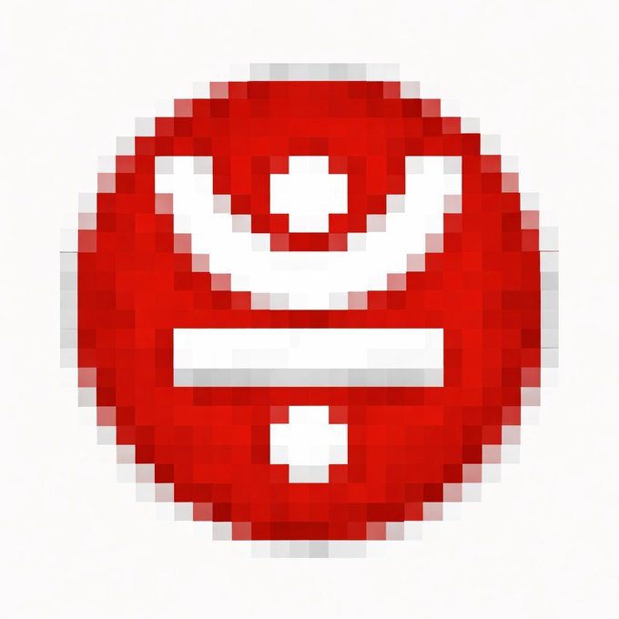 A heavily pixelated red circular icon with a white stylized face and crown design is centered on a white background.