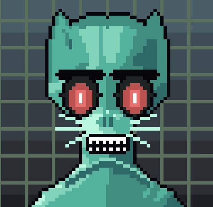 Pixel art portrait of a green-skinned zombie-like creature with red eyes and bared teeth set against a dark gridded background.