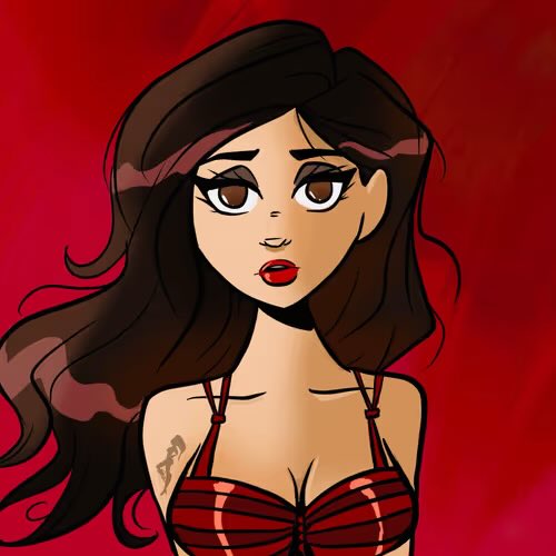 A digital illustration of an animated woman with long dark hair, large brown eyes, and red lipstick, wearing a red and black plaid top against a solid red background.