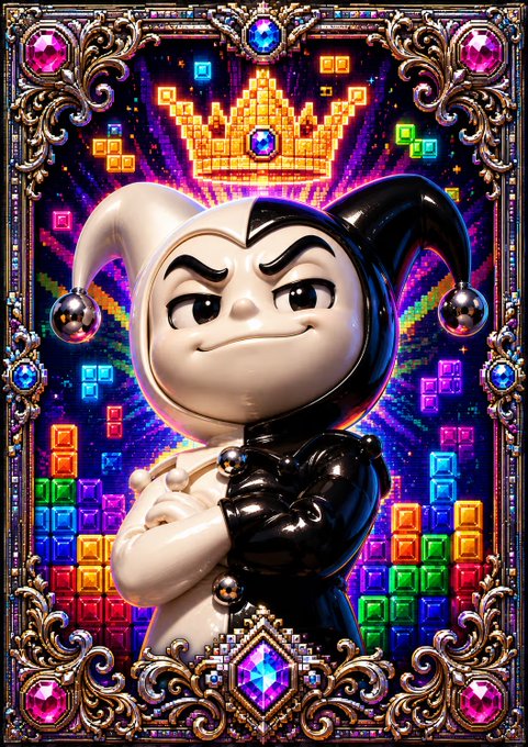 A digital illustration featuring a jester-like character with a black and white split design and pointed hat, posed with arms crossed against a vibrant background of Tetris-like blocks and a golden crown.