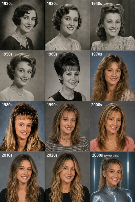 The image is a humorous grid showing a woman's portrait evolving across each decade from the 1920s to the 2030s, with hair and fashion styles updating to match each era, culminating in a "2030s (skynet slave)" label where she appears as a futuristic cyborg in metallic silver.

This relates to the post "This guy is good.." by showcasing a creative editing showcase where an artist seamlessly transformed one woman's appearance through a century of evolving styles, demonstrating impressive photo manipulation skills.
