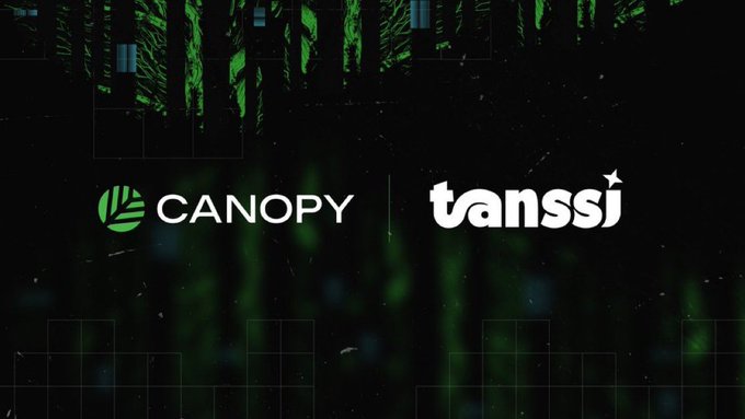 A graphic featuring the logos for 'CANOPY' and 'tanssi' displayed on a dark background with green grid patterns.