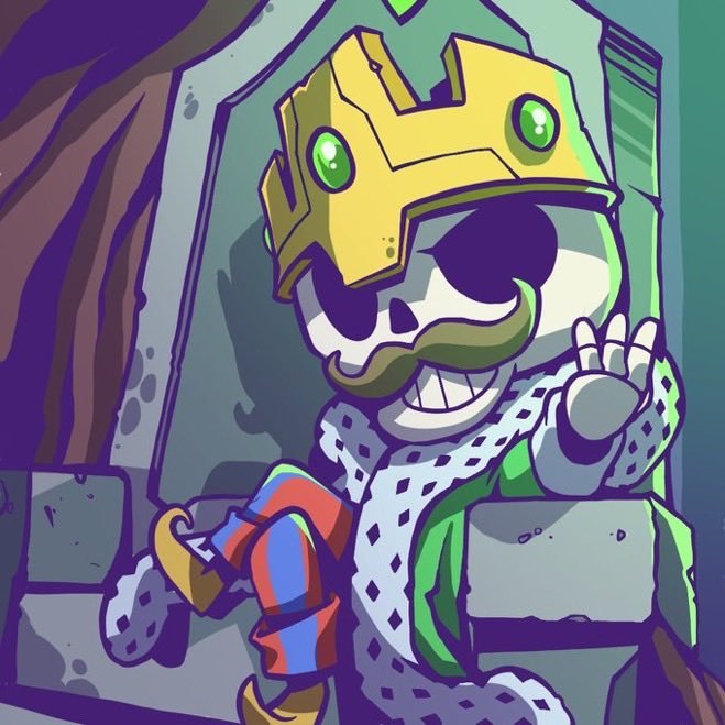 A cartoon illustration of a skeleton king wearing a gold crown with green gems, a green mustache, and a fur-lined green robe, sitting on a stone throne.