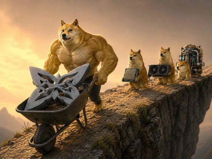The image features a muscular dog holding a wheelbarrow full of rocks, with four other dogs following behind him as he pulls the cart up a steep hill or mountain side. The scene captures the strength and determination of the muscular dog leading the pack while the others follow closely behind. This image can be related to the post about AI where people are talking about decentralization and distributed computing systems. In this context, the muscular dog represents centralized control and power, while the other dogs symbolize the distributed network that supports the system. The wheelbarrow full of rocks could represent the resources or data being transported through the network, emphasizing the importance of efficient distribution and management in both scenarios.