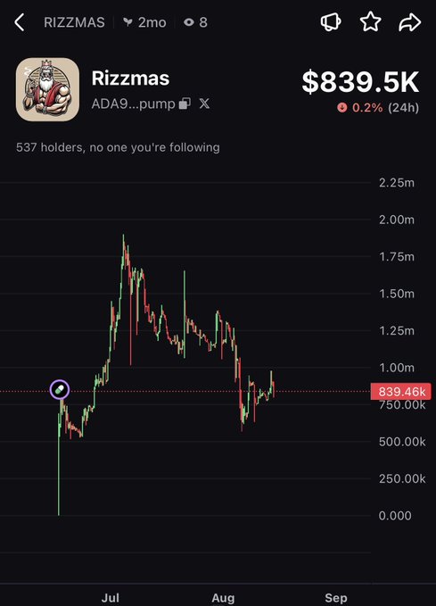 A cryptocurrency chart for "Rizzmas" (ADA9...pump on Cardano's ADA chain) showing a market cap of $839.5K with a 0.2% decline over 24 hours and 537 holders, peaking near $2.00m before declining. The image supports the post's inquiry about front-running RIZZMAS by displaying its volatile price action and current downtrend from previous highs.