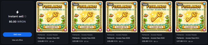 The image shows a collection of five passes, each with different designs and colors. The title "Play Fishlands" is displayed at the top of the image. The posts are arranged in a horizontal line, with the first one being the most prominent. The text on the image indicates that these passes have been updated to look more prestigious and beautiful.