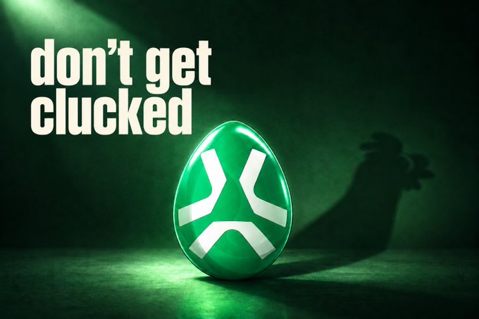 A glowing green egg-shaped emblem casts a rooster-shaped shadow against a dark background, with the bold text "don't get clucked" displayed in the upper left. The pun on "clucked" plays on the chicken/rooster imagery, suggesting a quirky crypto or NFT-related meme or promotional teaser.