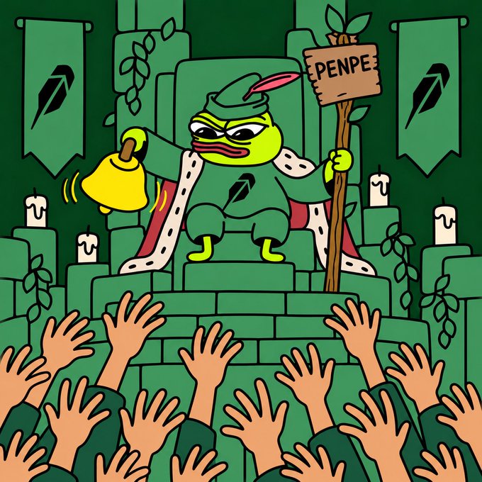A cartoon illustration features the green Pepe character dressed as a king on a castle throne, ringing a bell and holding a 'PEPE' sign while a crowd of cheering hands reaches up from below amid green banners and candles.