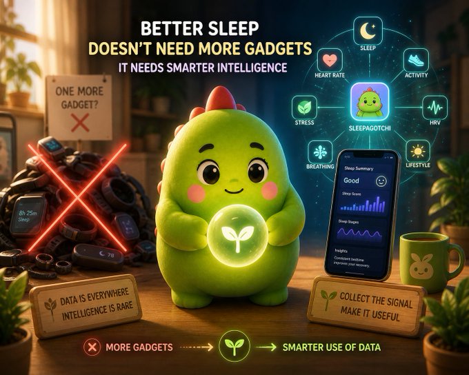 An advertisement features a green "Sleepagotchi" character holding a sprout symbol, promoting the message "BETTER SLEEP DOESN'T NEED MORE GADGETS IT NEEDS SMARTER INTELLIGENCE" alongside various health metric icons.