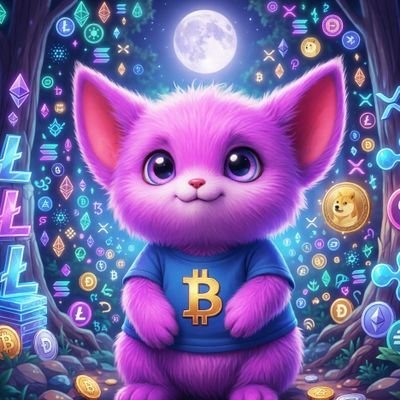 A digital illustration of an adorable purple fluffy kitten wearing a blue shirt with a gold Bitcoin (₿) symbol, sitting in a magical forest setting surrounded by glowing crypto coins and symbols under a full moon.
