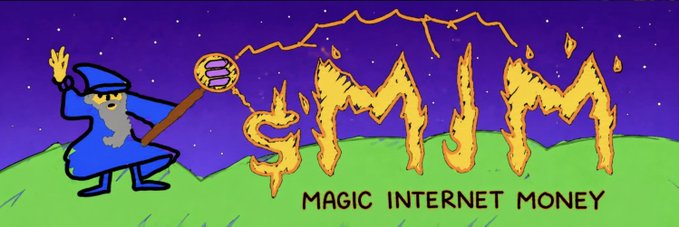 A cartoonish digital art piece featuring a blue wizard holding a staff with a bitcoin symbol, next to the word 'MUM' formed by fire, with 'MAGIC INTERNET MONEY' written below.