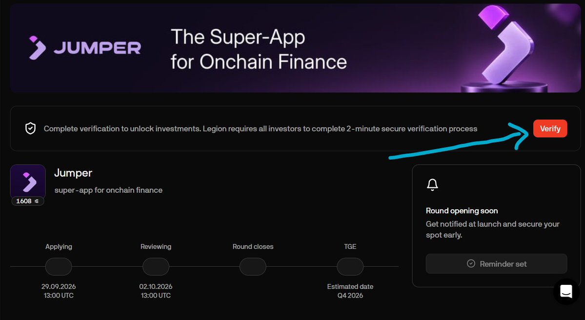 A promotional webpage for 'JUMPER', described as 'The Super-App for Onchain Finance', featuring a cyan arrow pointing to a 'Verify' button, with a timeline showing the round closing stages through Q4 2026.
