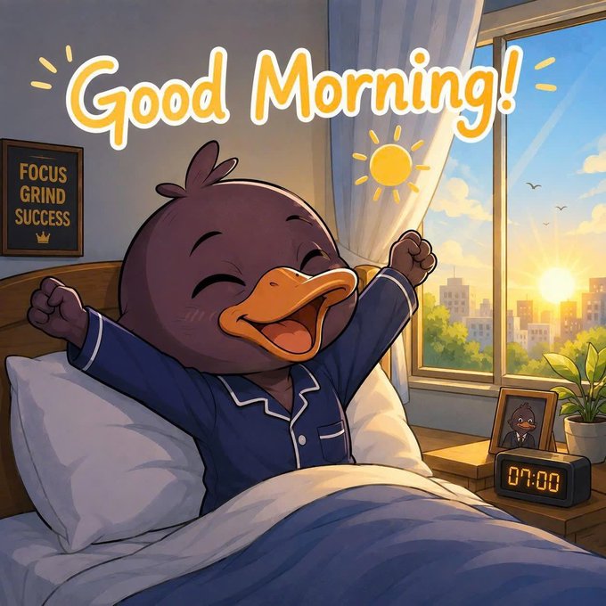 A digital illustration of an anthropomorphic brown duck wearing blue pajamas stretching happily in bed with 'Good Morning!' text, a 07:00 alarm clock, and a 'FOCUS GRIND SUCCESS' poster on the wall.