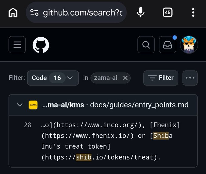 A GitHub code search in the **zama-ai** organization shows **16 results** for the term **“Shiba”** in `zama-ai/kms/docs/guides/entry_points.md`, near a link to **shib.io/tokens/treat**. This appears to support the post’s claim that **Zama** still references **PartnerSHIB** on its public roadmap.