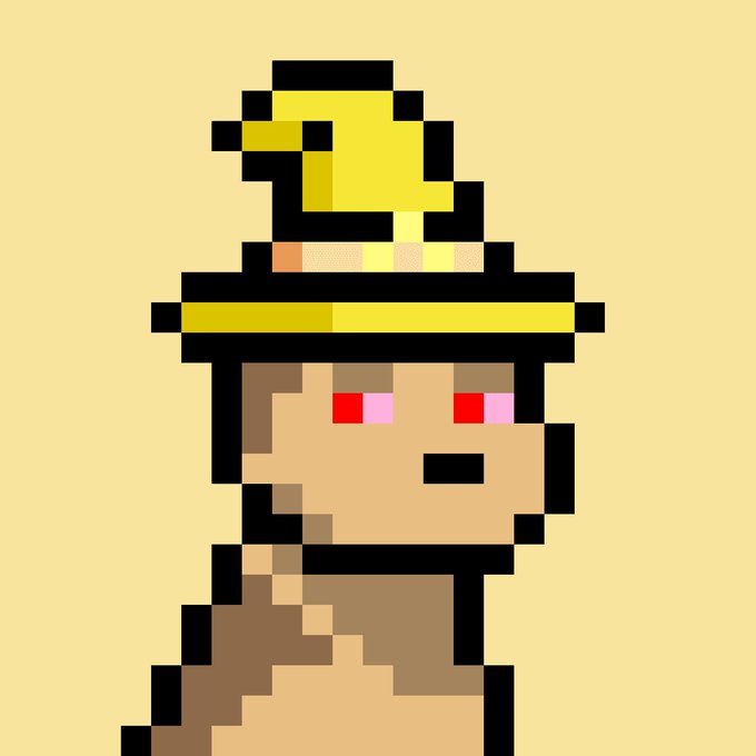 A pixel art portrait of a tan dog character wearing a yellow hat, shared as a new profile picture to express gratitude toward the Doginal Dogs community for their creativity and support.