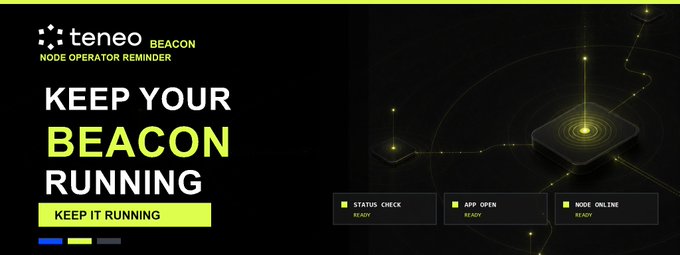 The image is a reminder banner for "teneo BEACON" Node Operators, featuring the bold text "KEEP YOUR BEACON RUNNING" alongside status indicators for Status Check, App Open, and Node Online. It complements the post by promoting the Teneo Creator Challenge, where participants create TikTok or Instagram videos about keeping their Beacon running using the hashtag #KeepYourBeaconRunning to compete for a $200 USDC prize pool.