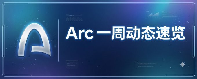 The image shows a sleek, dark blue futuristic banner with the Arc logo on the left and the title "Arc 一周动态速览" (Arc Weekly News Roundup) prominently displayed in the center, serving as a header for the accompanying post that announces Arc's new partnership with Pulsar Money App to develop a digital banking app for managing fiat and stablecoins.