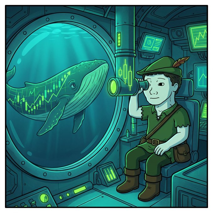 A cartoon illustration of a character dressed in a green Peter Pan-style outfit with a feathered hat, sitting inside a submarine and looking through a periscope at a whale that has a green stock market candlestick chart on its side.
