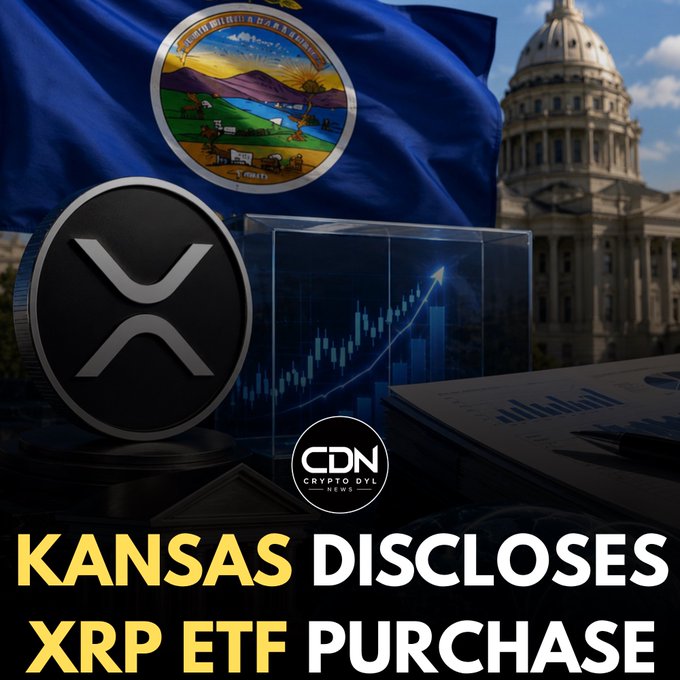 A news-style graphic features the Minnesota state flag and a domed government building behind an XRP logo coin and a glowing blue rising arrow chart, with the bold headline "KANSAS DISCLOSES XRP ETF PURCHASE" and a "CDN Crypto DLT News" watermark, visually promoting the reported institutional crypto investment disclosure.