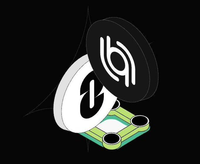 A stylized 3D rendering features two coins—one white with a lightning bolt symbol and one black with a chain link design—resting on a green circuit board-like base. The image visually complements the post's message about Allbridge's reliable cross-chain infrastructure, with the chain link symbol on the coin directly representing the bridge's blockchain connectivity and the lightning bolt suggesting fast transactions.