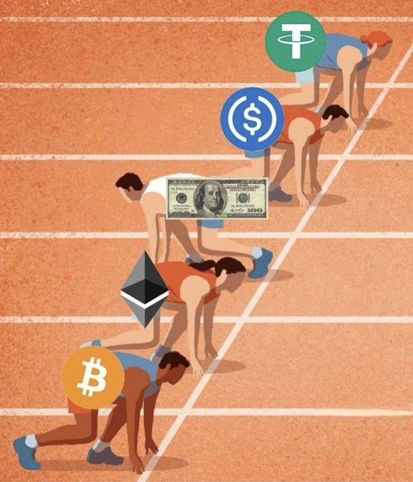 The image depicts runners on a track in starting positions, each marked with a different currency symbol: Bitcoin (₿), Ethereum (Ξ), USD (a $100 bill), USDC (§), and Tether (₮), symbolizing different assets competing in a crypto race. 

The illustration ties into the "GM to the hardest working timeline on the internet" post by visualizing the crypto market as a competitive sprint, with various tokens "lining up" for Thursday's push—a fitting metaphor for the daily grind and bullish energy of crypto Twitter.