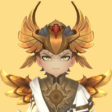 The image features an elf-like character with gold wings, a golden helmet, and golden hair. This figure appears as a standalone portrait against a yellow background. The accompanying text talks about purchasing the Mooby Heroes collection from @niftyisland, which seems to be the seller of this avatar or an online marketplace for such items. The focus of the image is on showcasing the character along with the associated details and information.