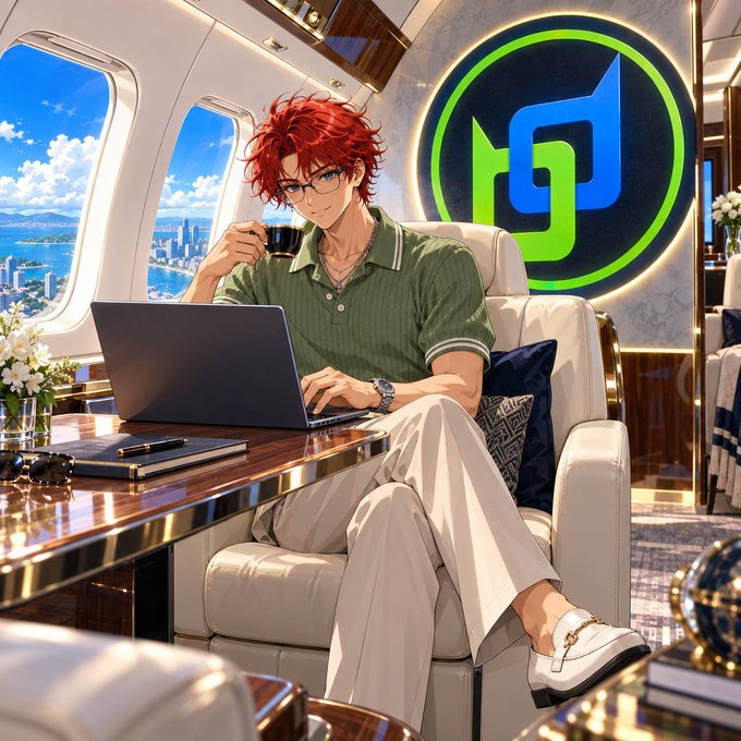 An anime-style illustration of a red-haired young man with glasses sitting in a luxurious white chair, working on a laptop and drinking from a cup, with a large green and blue logo displayed on the wall behind him.